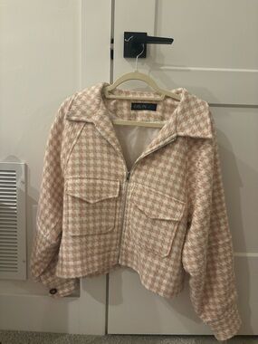 Pink Houndstooth Zip-Front Jacket